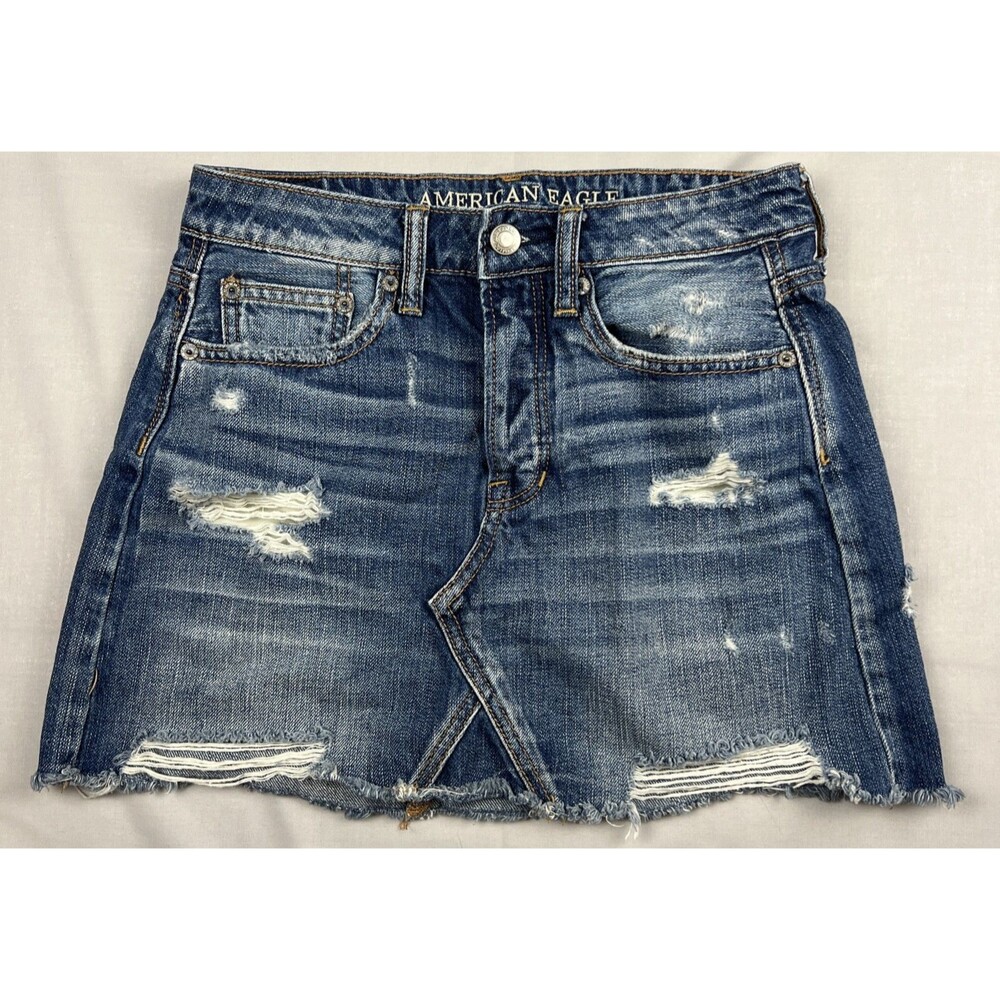 American Eagle Button Fly Hi-Rise Festival Mini Distressed Skirt Size 0